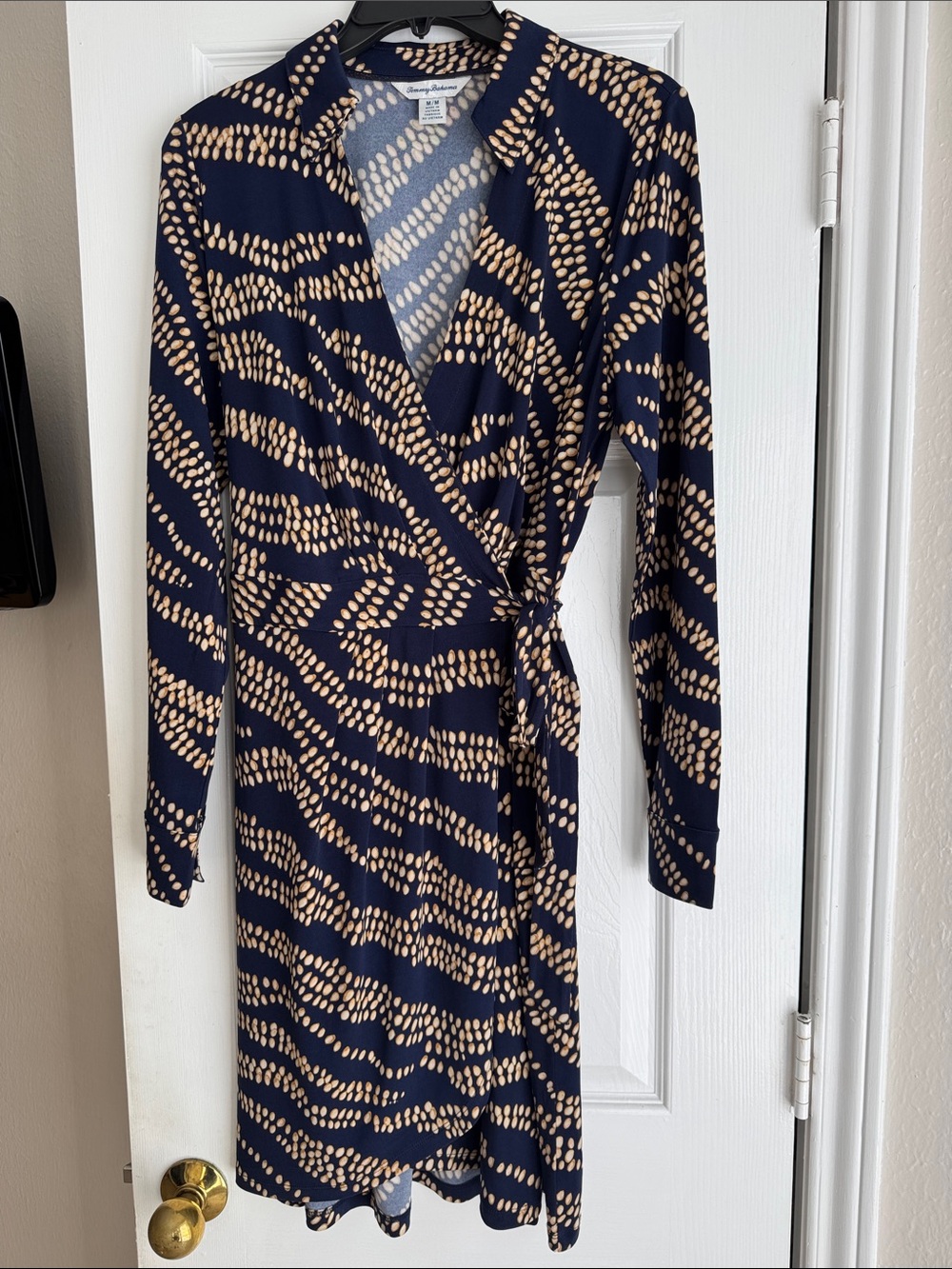 Tommy Bahama Navy Wrap Dress with Beige Dot Pattern